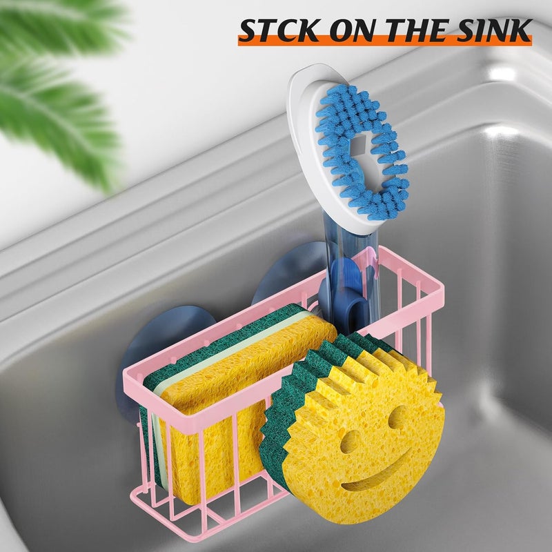 MURLONG Sponge Holder Smiley Face,Sink Caddy,Sink Organizer with 2 Suction Cups/1 Adhesive Strips,Designed for Sponge,Soap,Dish Brush,Scrubber - Pink - Image 5